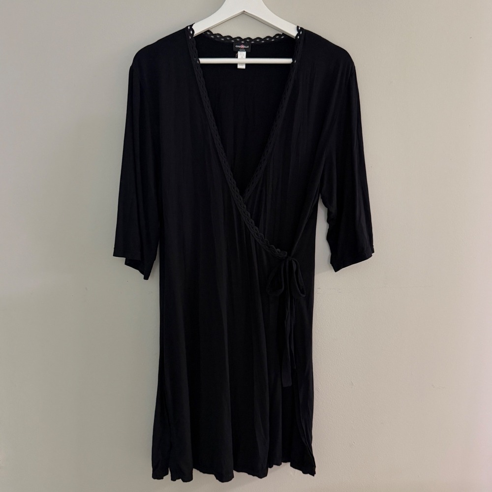 Cosabella Black Wrap Robe Mini Dress Lace Trim Made in Italy Large L-G
